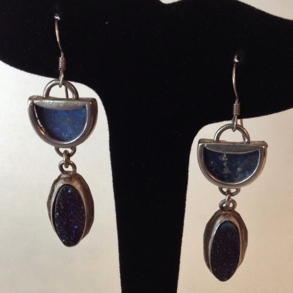 Druzy Quartz Roman Glass Earrings Sterling Silver Pierced Dangle Handcrafted - Picture 4 of 7